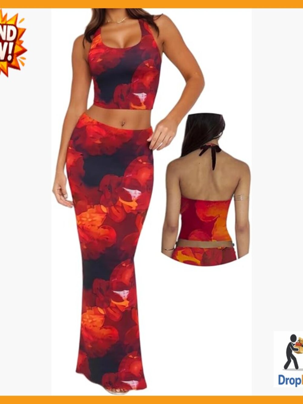 Floral Two Piece Maxi Skirt Set Backless Adjustable Straps Y2K Chic Summer